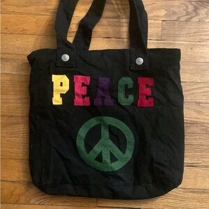 Black Tote Bag with Peace Sign and Multicolor Letters